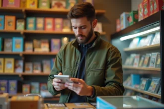 Collectionneur examinant une boîte de boosters Pokémon scellée dans une boutique de cartes à collectionner