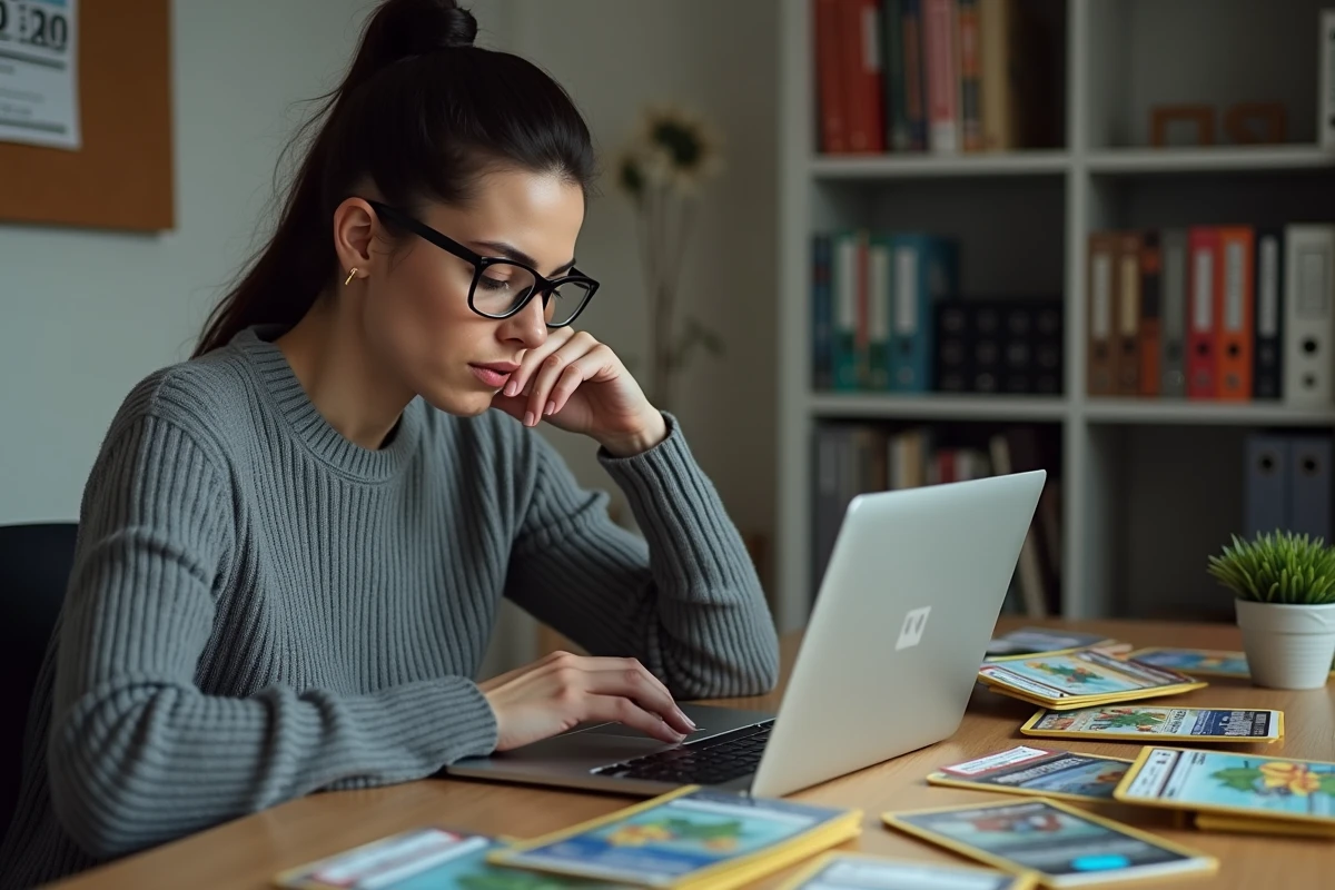 Collectionneuse analysant les prix des cartes Pokémon gradées sur son bureau à domicile