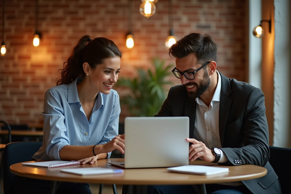Deux collègues vérifiant un calcul de nombre de jours entre deux dates sur un ordinateur portable dans un espace de coworking