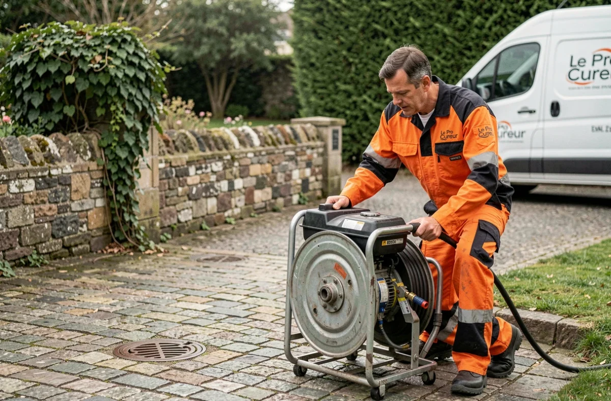 Spécialiste du débouchage de la Compagnie des Déboucheurs Le Pro Cureur utilisant un hydrocureur devant une maison