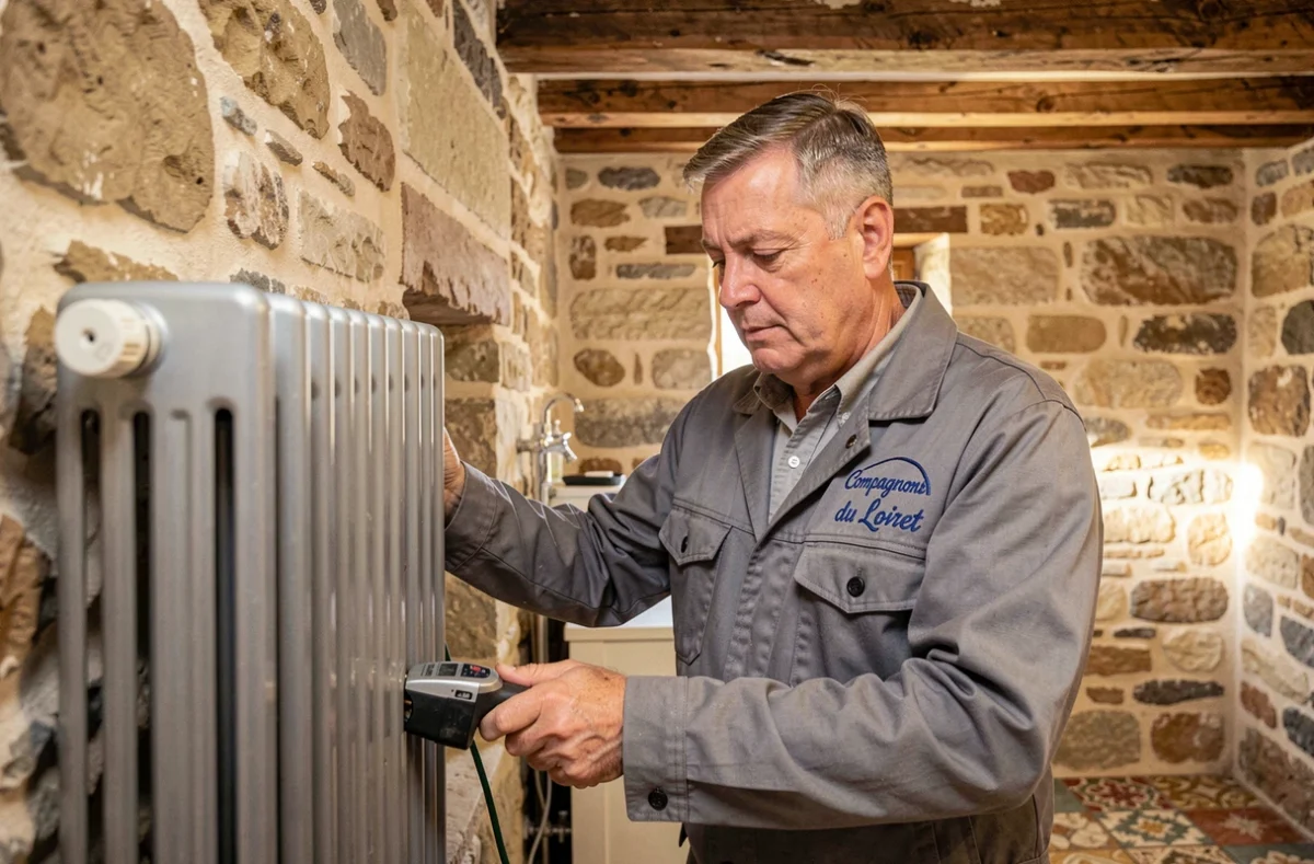 Plombier des Compagnons du Loiret posant un radiateur dans une maison ancienne en pierre de la région