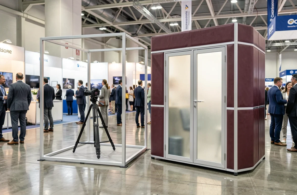 Deux modèles de bornes photomaton location haut de gamme exposés dans un salon professionnel