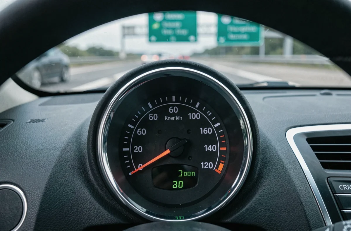 Gros plan d'un compteur de vitesse de voiture affichant les unités en kilomètres et en miles sur une autoroute
