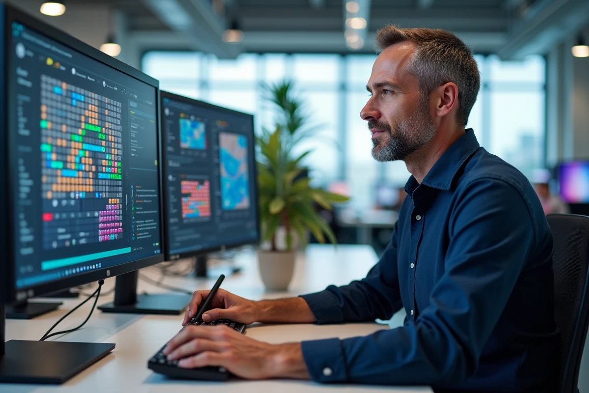 Concepteur de niveaux de jeu mobile travaillant sur des écrans d'ordinateur dans un bureau moderne