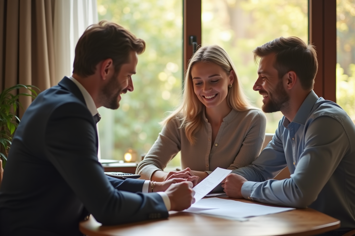Banquier expliquant un contrat de prêt à un couple souriant dans un bureau lumineux