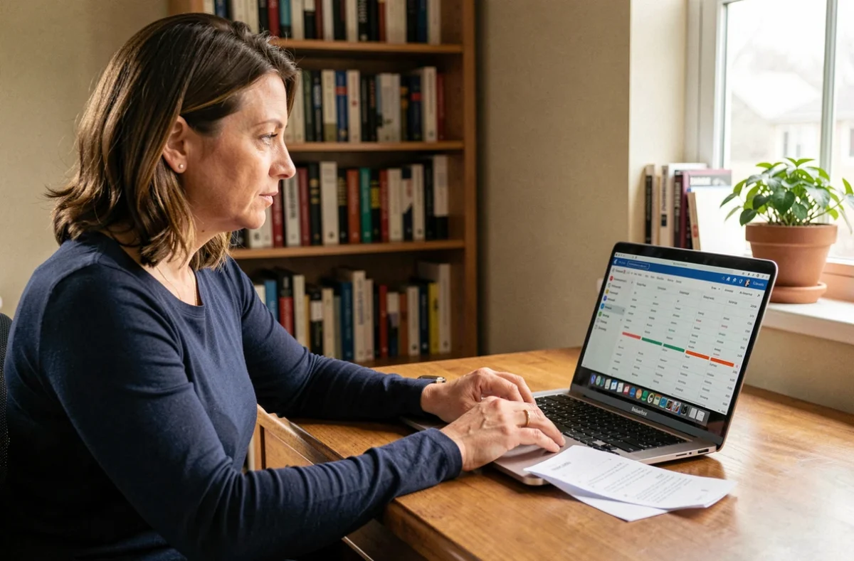 Femme consultant le site Matnt.tdf sur un ordinateur portable pour optimiser la réception de ses chaînes TV