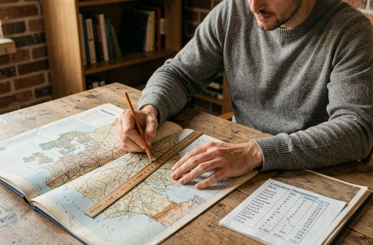 Homme consultant un atlas routier papier et effectuant des conversions de distances en kilomètres et miles à son bureau