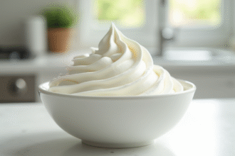 Coupelle de creme chantilly en gros plan sur comptoir lumineux