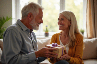 Couple joyeux échangeant des cadeaux d anniversaire dans un salon lumineux