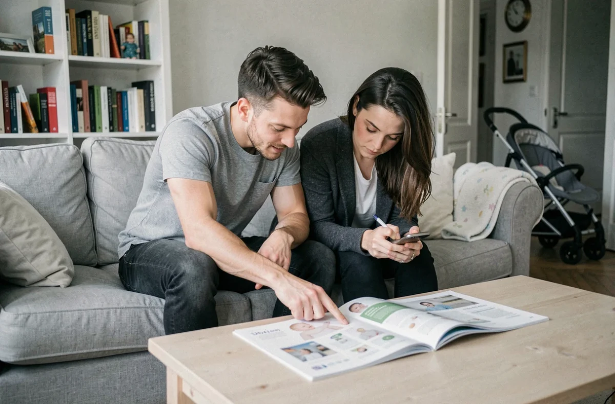 Couple comparant les offres du catalogue Leclerc bébé septembre 2026 avant un achat sur canapé