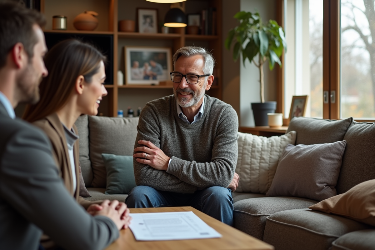 Couple discutant avec conseiller immobilier dans un salon chaleureux