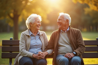 Couple de seniors riant sur un banc en plein air