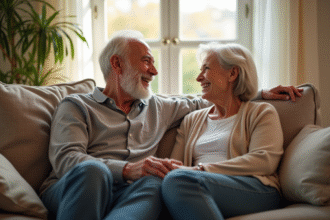 Couple mature souriant dans un salon lumineux pour l'article