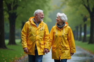 Couple âgé marchant main dans la main sous un imperméable jaune dans un parc