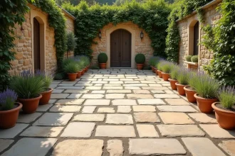 Cour résidentielle aménagée avec des dalles en pierre naturelle irrégulières de teintes beige et gris, entourée de murs en pierre et de plantes méditerranéennes