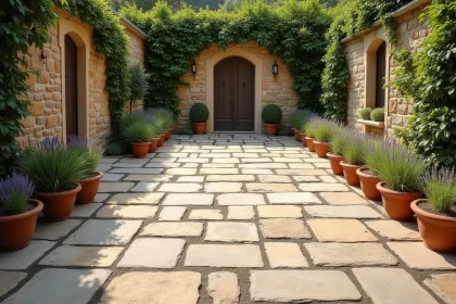 Cour résidentielle aménagée avec des dalles en pierre naturelle irrégulières de teintes beige et gris, entourée de murs en pierre et de plantes méditerranéennes