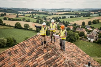Couvreurs professionnels travaillant sur un toit en tuiles traditionnelles dans la campagne de Haute-Saône