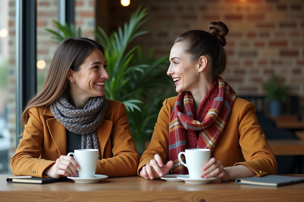 Deux femmes discutant dans un café moderne et chaleureux