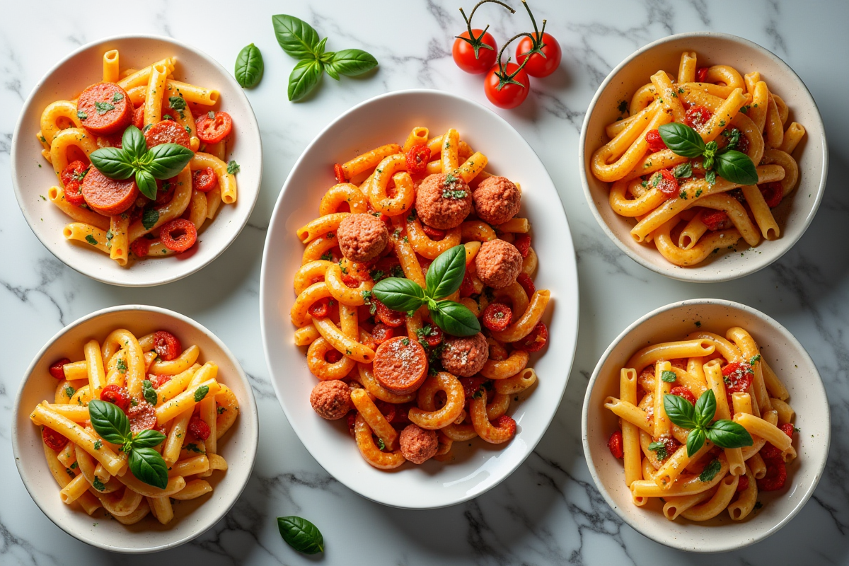 Variété de plats de pâtes au chorizo sur plan de travail