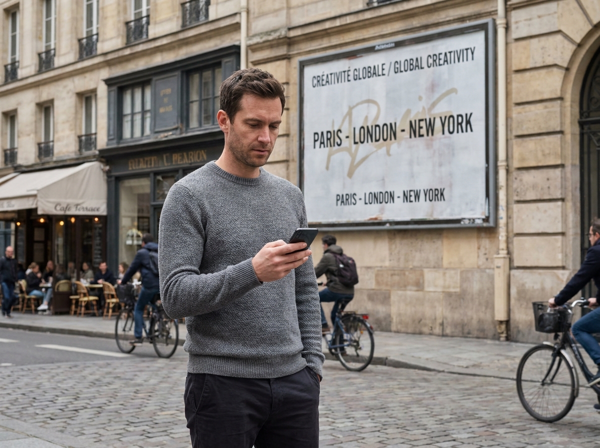 Directeur créatif parisien analysant une campagne publicitaire multilingue en rue, reflet des enjeux de communication internationale