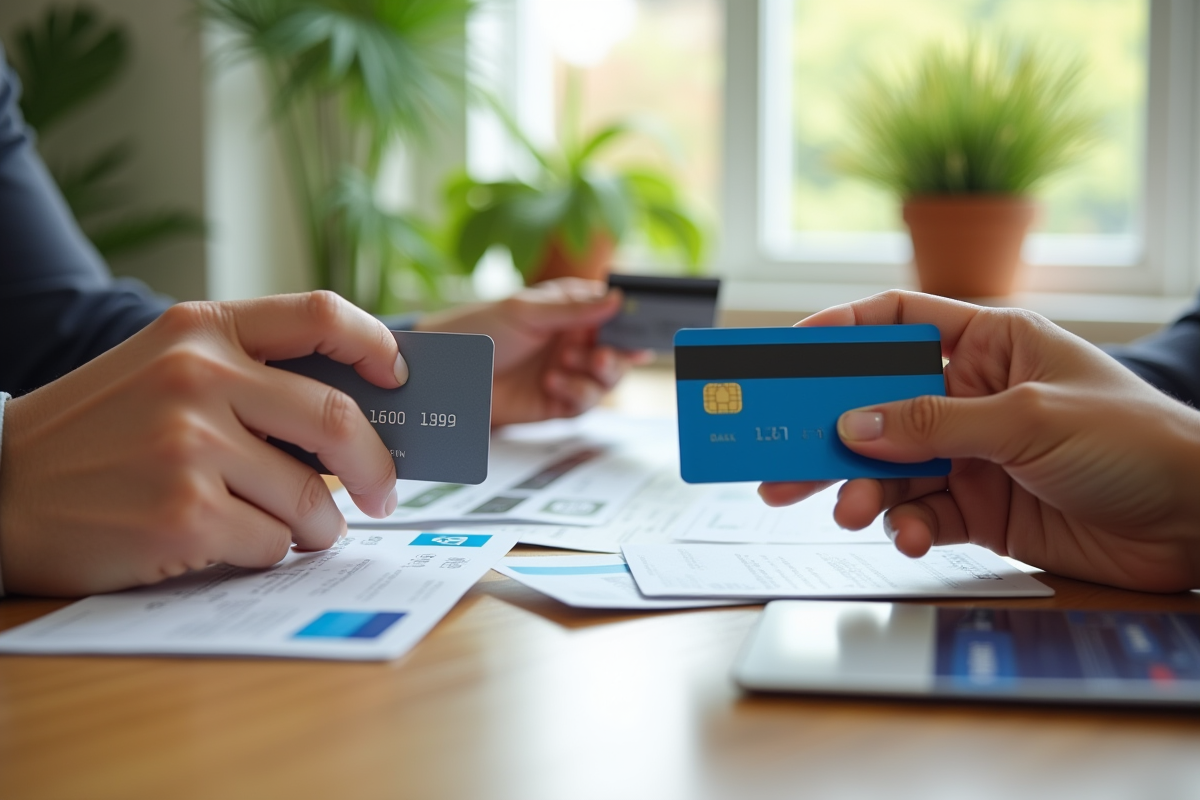 Plusieurs mains tenant des cartes bancaires sur une table en intérieur lumineux