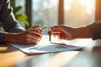 Deux mains échangeant des clés de maison et un document de prêt immobilier