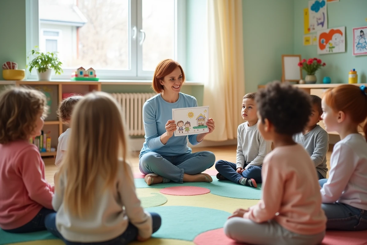 Éducatrice chantant une comptine de crèche avec des enfants assis en cercle dans une salle de classe colorée