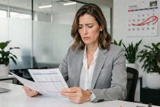 Femme cadre examinant ses fiches de paie dans un bureau moderne, calendrier avec jour férié encerclé visible en arrière-plan