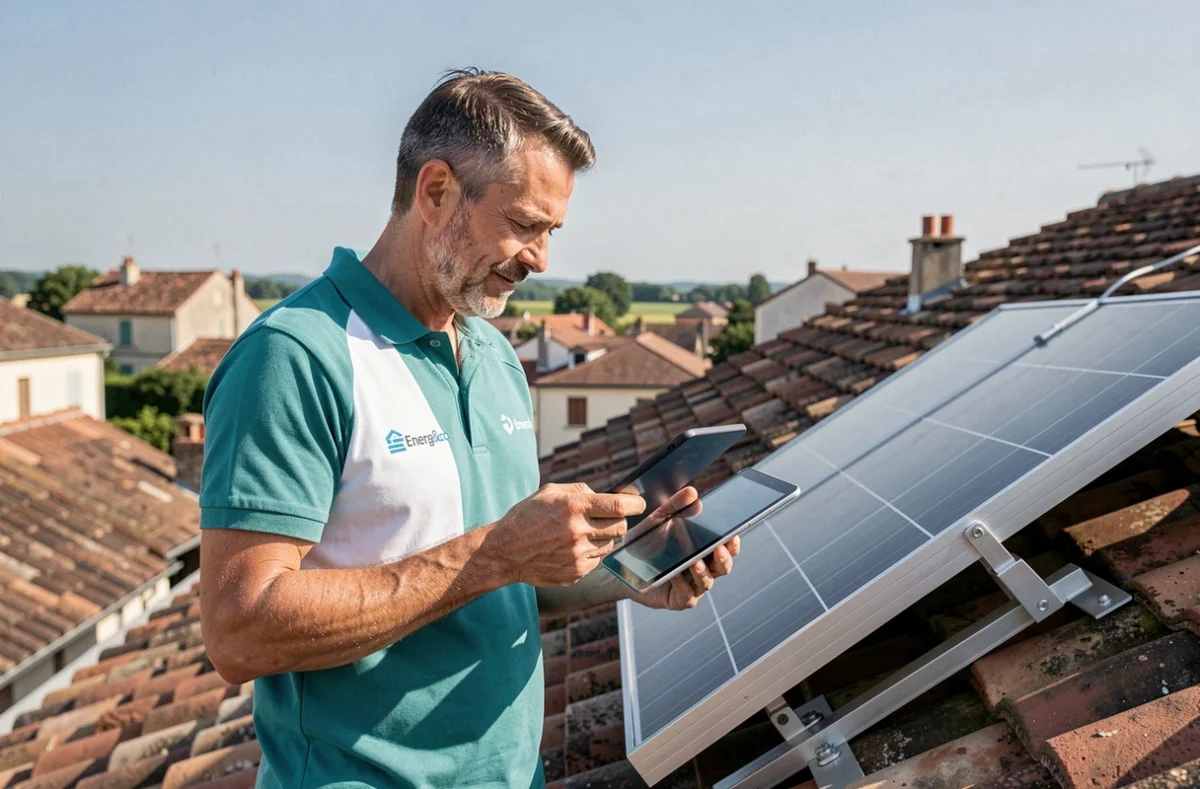 Technicien d'Energ&co consultant une tablette devant des panneaux solaires thermiques sur une toiture en Loir-et-Cher