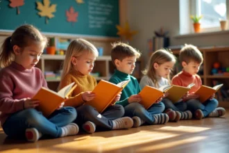 Groupe d'enfants lisant de la poésie en classe