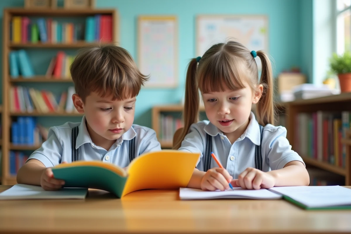 Deux enfants lisent une poésie dans une classe lumineuse