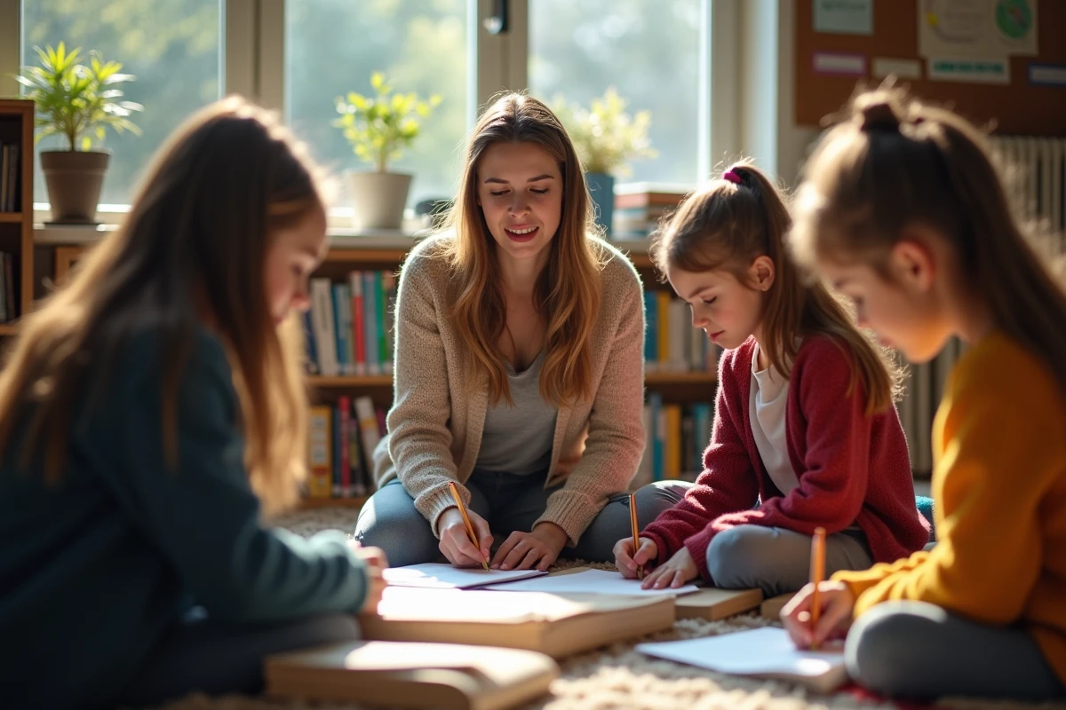 Une enseignante guide des élèves en écriture dans la bibliothèque
