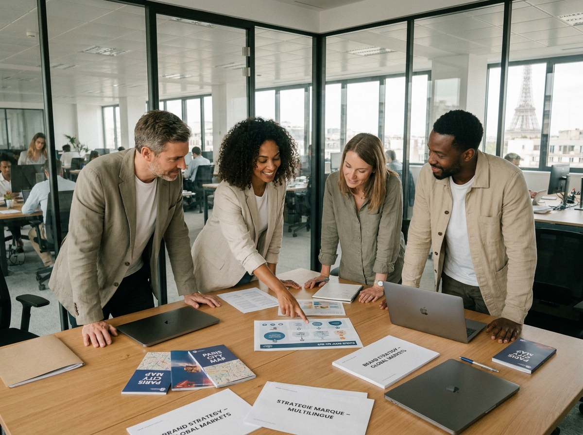 Équipe internationale en réunion stratégique autour d'une table à Paris, illustrant la communication d'entreprise multiculturelle