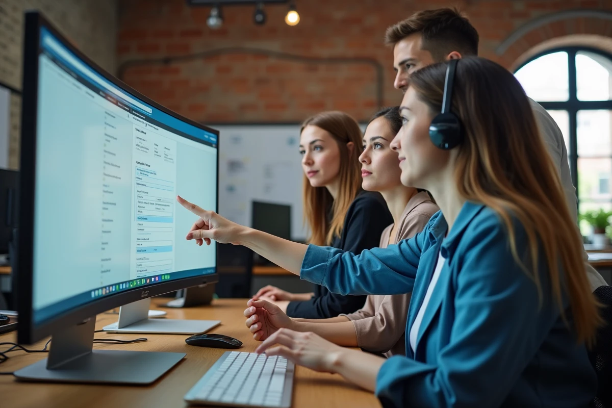 Équipe support Vinted analysant les formulaires de contact clients sur un tableau de bord collaboratif en open space