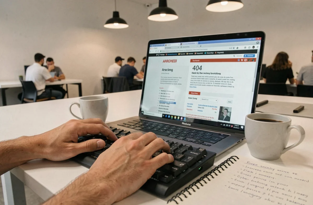 Mains tapant sur un clavier face à un écran d'erreur 404 symbolisant la fermeture d'un site comme Wikio