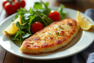 Escalope milanaise servie avec salade et citron