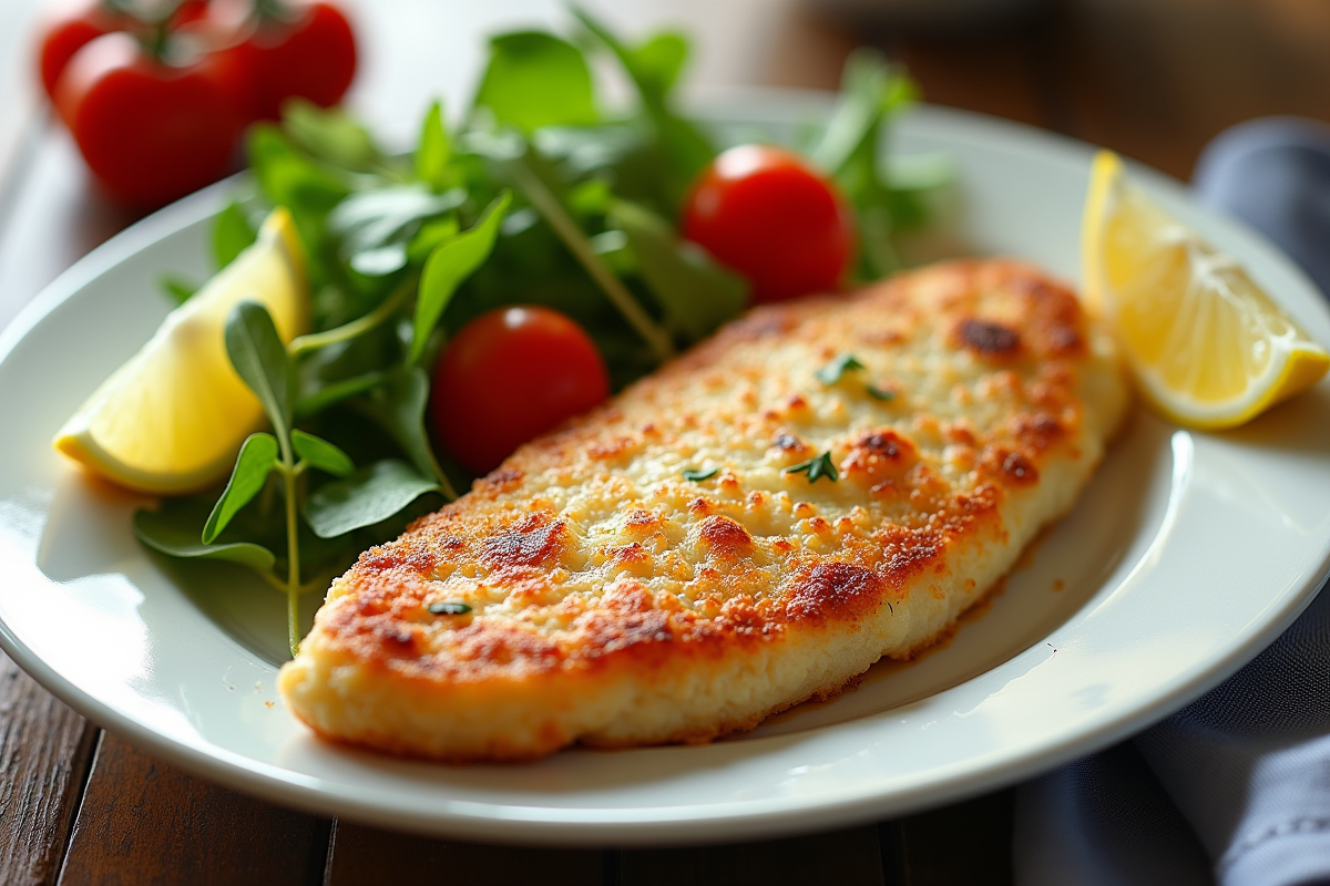 Escalope milanaise servie avec salade et citron