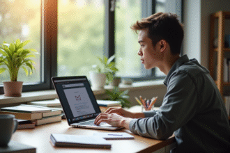 Étudiant à son bureau utilisant un ordinateur portable avec webmail