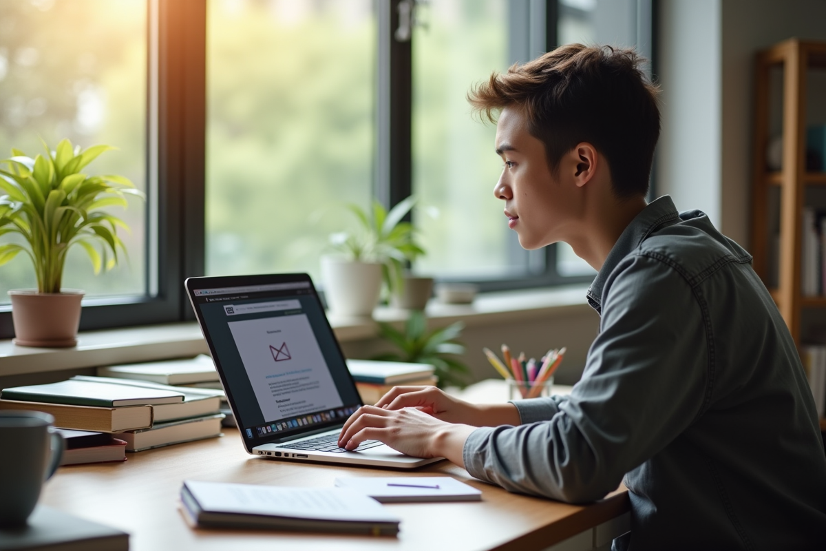 Étudiant à son bureau utilisant un ordinateur portable avec webmail