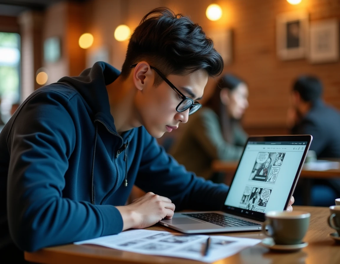 Étudiant lisant un scan One Punch Man VF sur ordinateur portable dans un café urbain avec pages manga imprimées