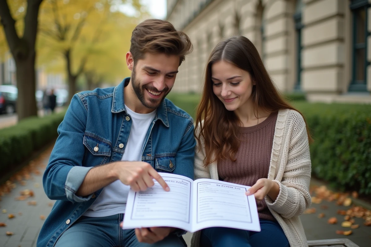 Deux étudiants révisant la conjugaison française au futur et au conditionnel sur un campus universitaire