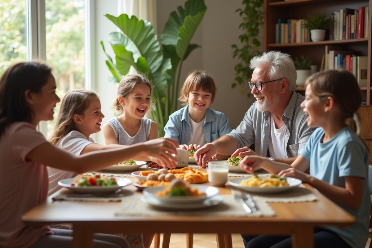 Trois générations de famille partageant un repas convivial