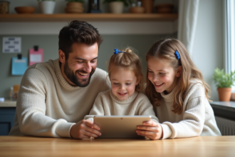 Famille réunie autour d'une tablette à la cuisine