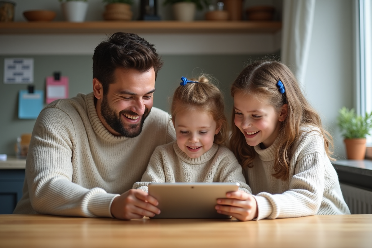 Famille réunie autour d'une tablette à la cuisine