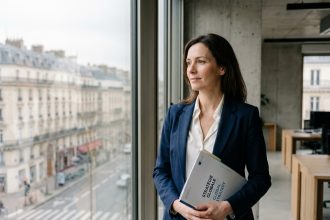 Femme d'affaires parisienne regardant la ville depuis un bureau moderne, symbolisant la communication internationale des entreprises à Paris