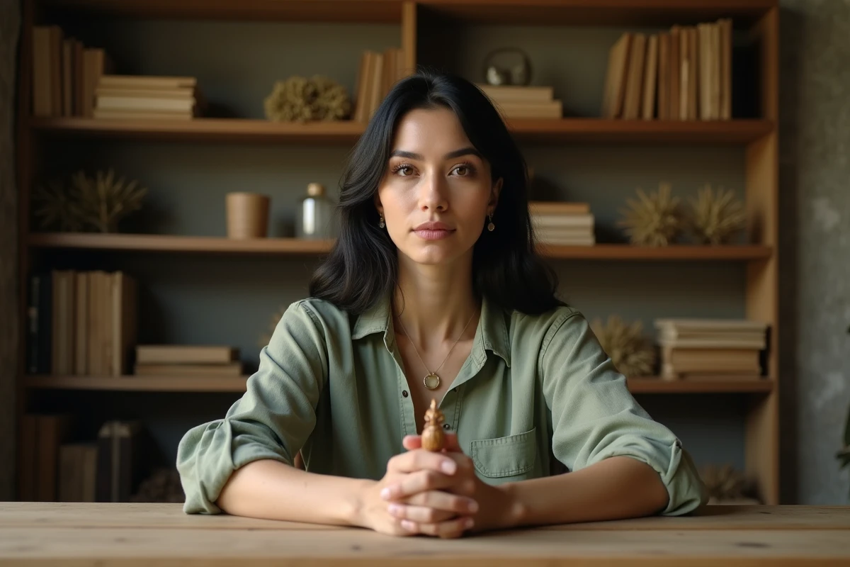 Femme tenant un amulette scarabée sculptée dans un espace de méditation intérieur, évoquant la connexion spirituelle avec l'animal totem et ses vertus protectrices