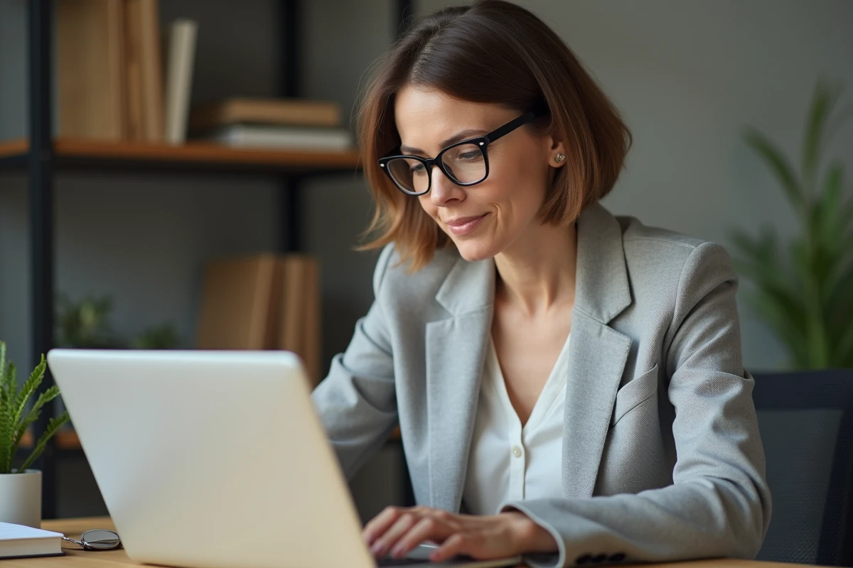 Femme consultant des avis clients sur un site de vente en ligne depuis son bureau, évoquant la fiabilité et la sécurité d'un e-commerce spécialisé