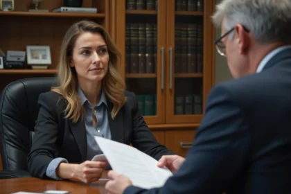 Femme d'affaires écoute un avocat dans un bureau