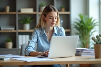 Femme en bureau moderne avec documents et ordinateur