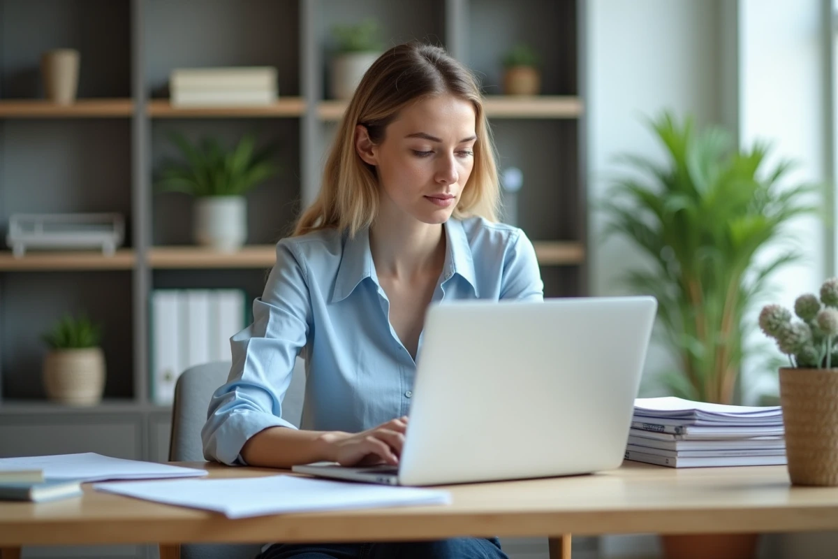 Femme en bureau moderne avec documents et ordinateur